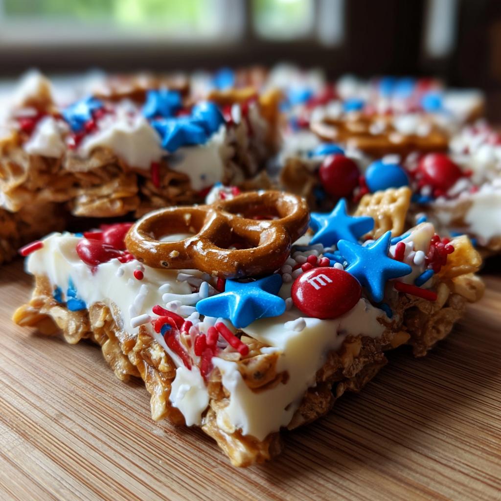 A close-up of a slice of Fourth of July desserts: patriotic snack mix bark with pretzels, M&Ms, and star sprinkles.