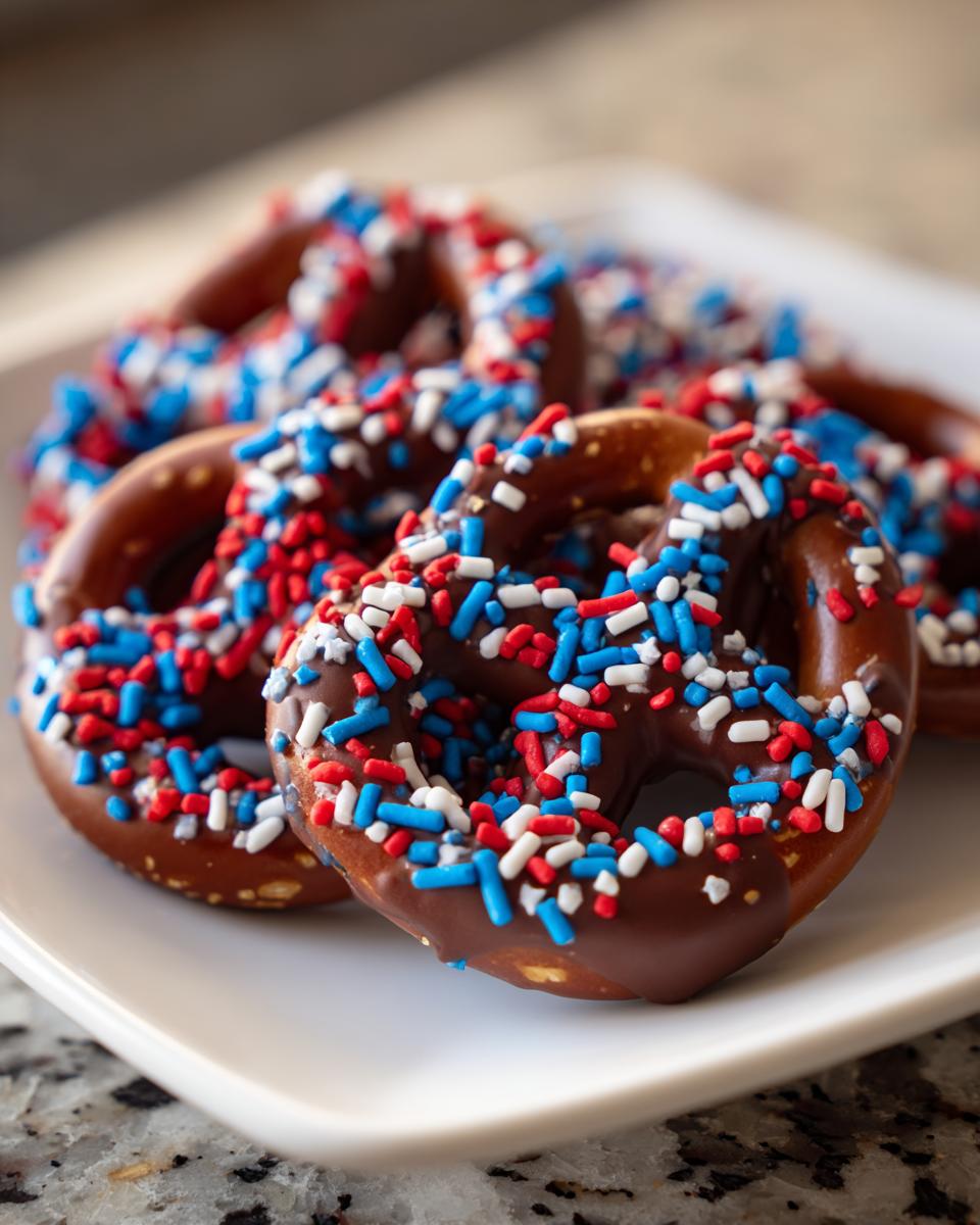Close-up of chocolate-covered pretzels with red, white, and blue sprinkles, perfect for Fourth of July desserts.
