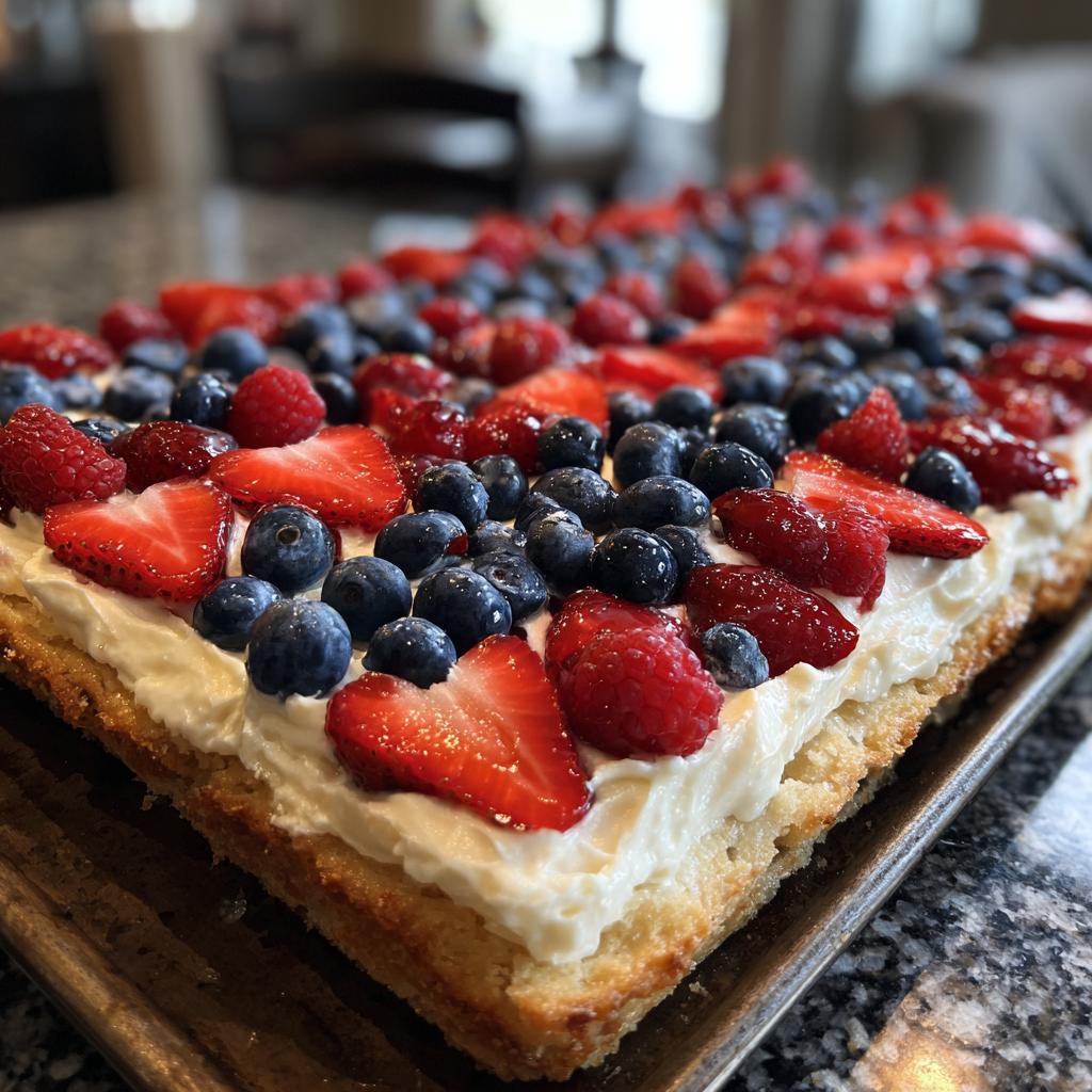 A festive Fourth of July Flag Fruit Pizza on a cookie crust, topped with cream cheese frosting, strawberries, blueberries, and raspberries.