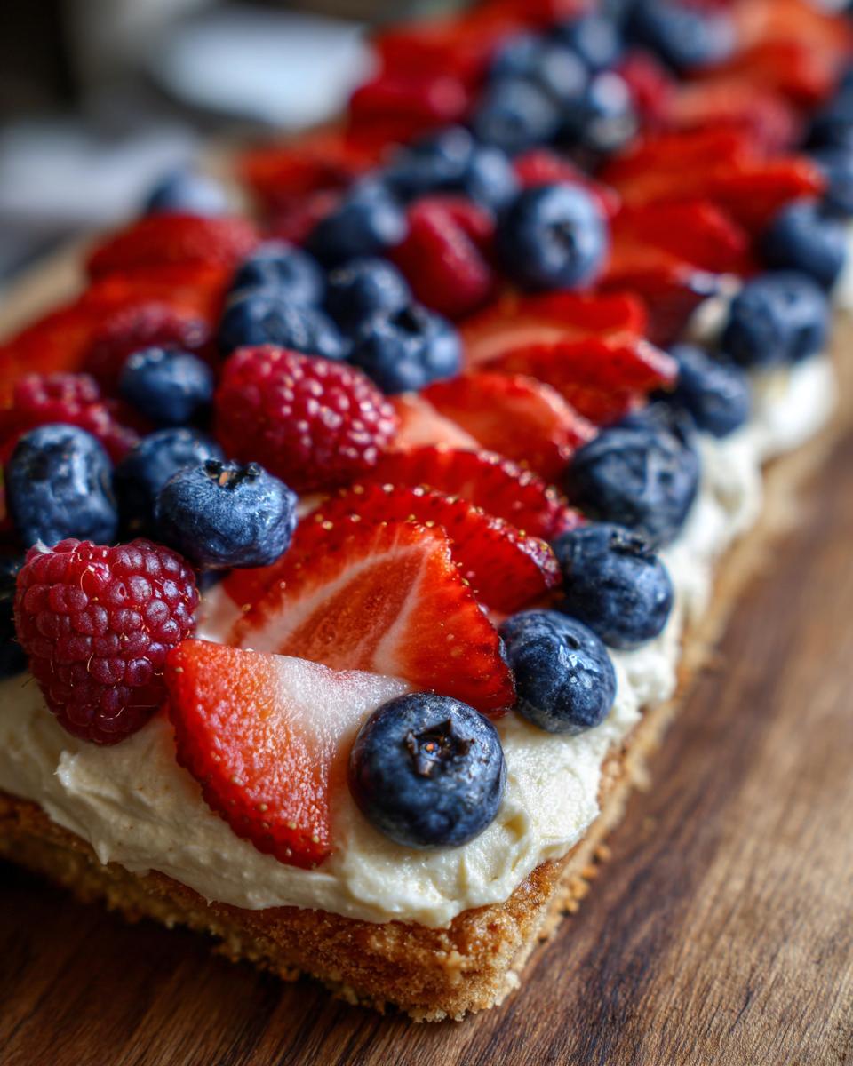 A delicious Fourth of July dessert featuring a flag fruit pizza on a cookie crust with strawberries, blueberries, and raspberries.