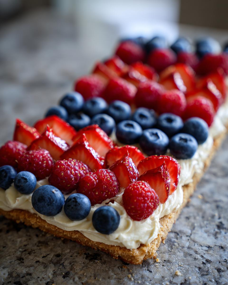 A rectangular flag fruit pizza for Fourth of July desserts, topped with cream cheese frosting and fresh berries arranged like a flag.