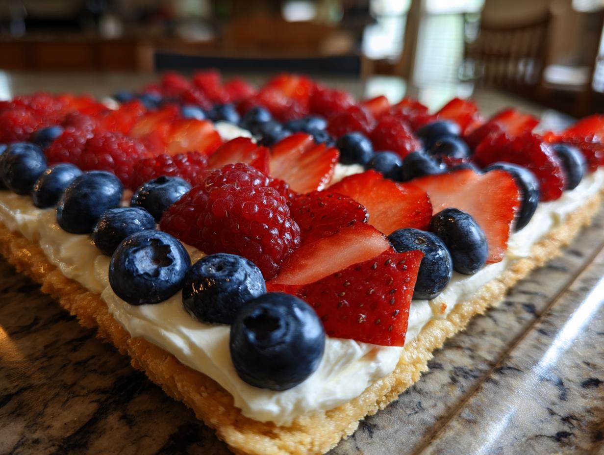 Close-up of a Fourth of July Flag Fruit Pizza on a cookie crust, topped with cream cheese frosting and fresh strawberries, blueberries, and raspberries.