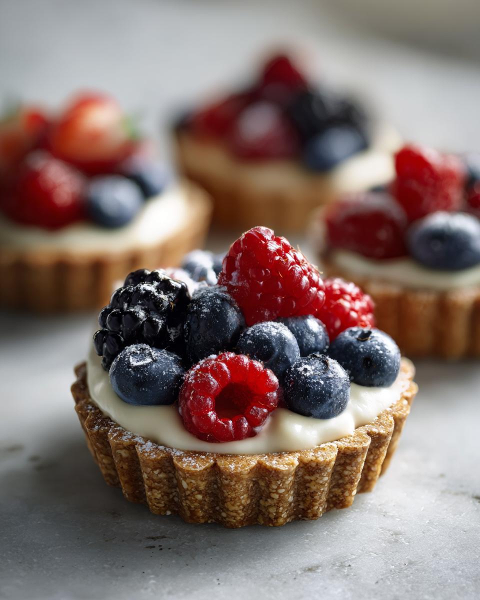 Close-up of a Fourth of July dessert mini tartlet topped with cream and fresh berries like raspberries and blueberries.