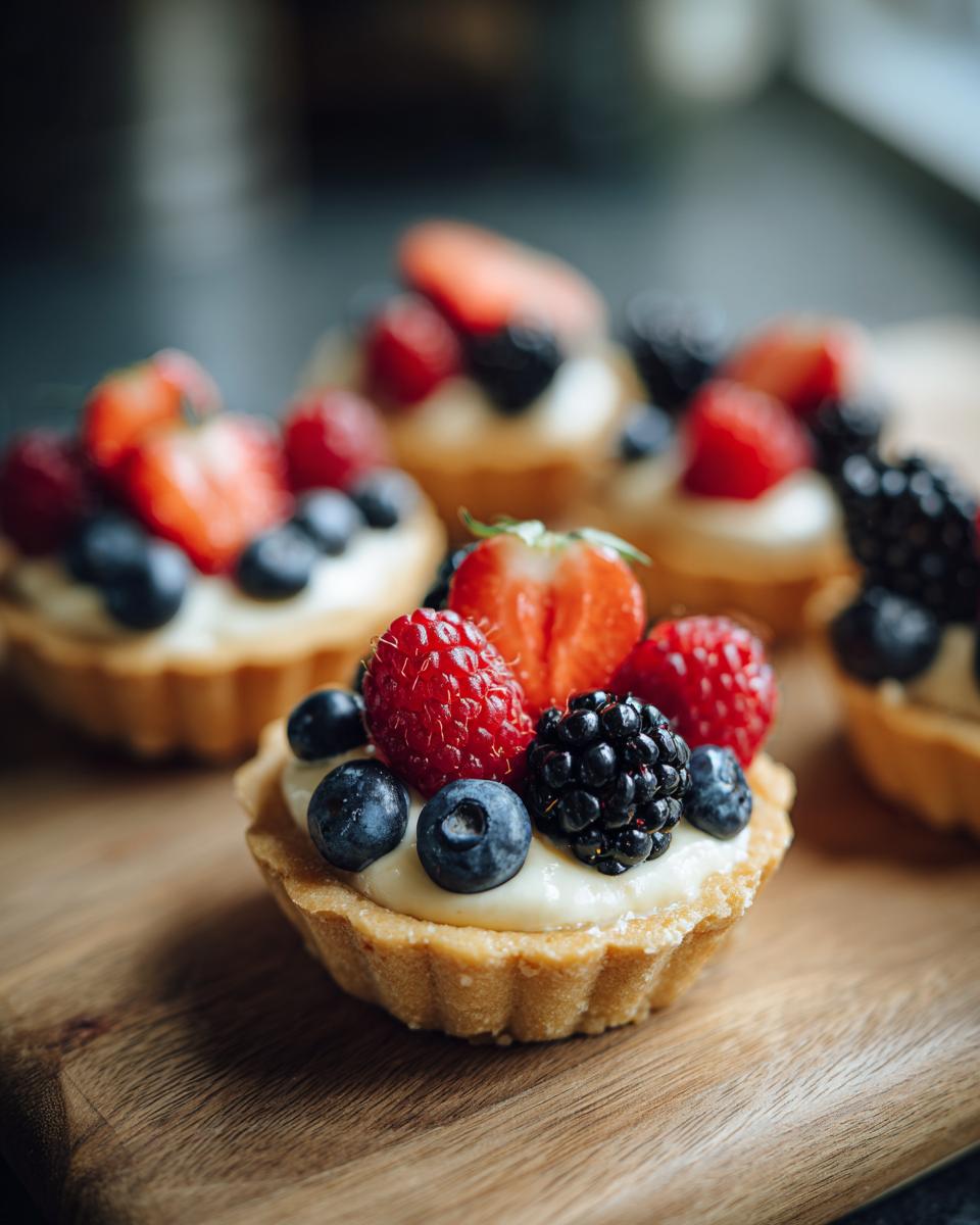 Close-up of Fourth of July mini tartlets filled with cream and topped with fresh berries like strawberries, blueberries, raspberries, and blackberries.