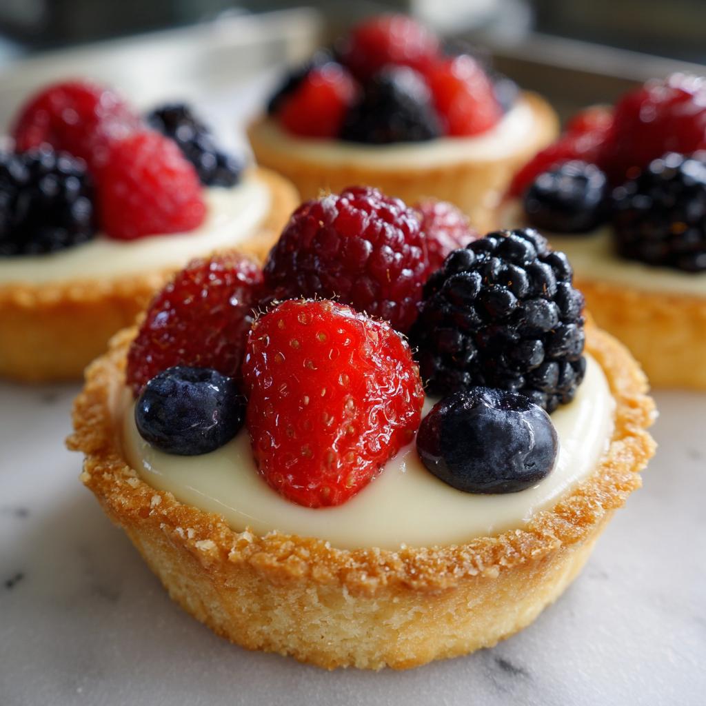 Close-up of Fourth of July mini tartlets filled with cream and topped with fresh strawberries, blueberries, raspberries, and blackberries.