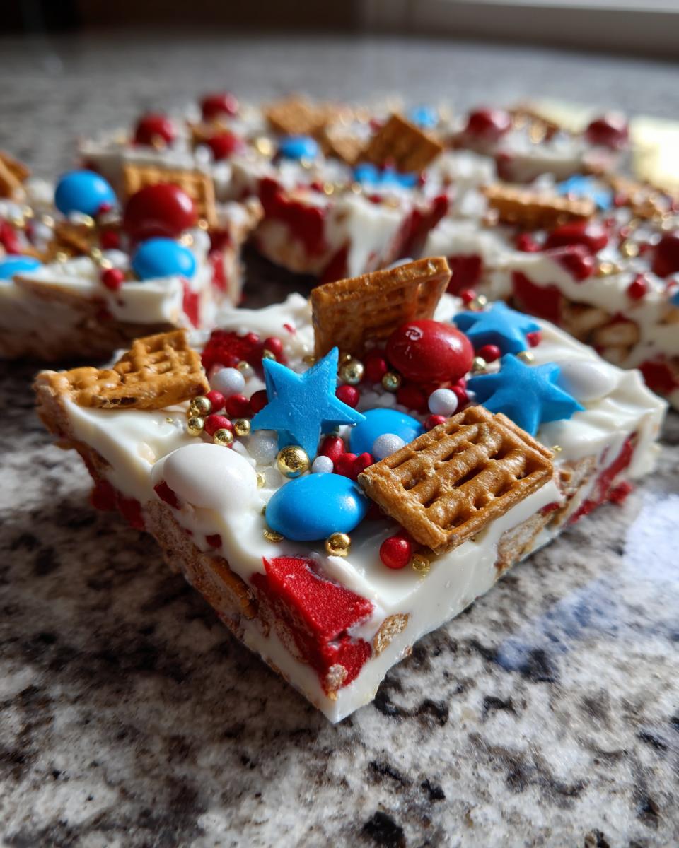 Close-up of a slice of Fourth of July dessert bark with red, white, and blue patriotic snack mix.