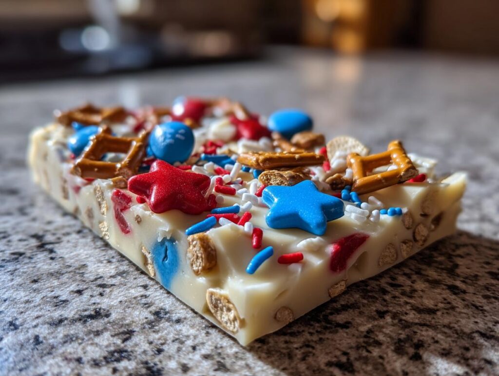 A festive piece of Fourth of July dessert bark, featuring white chocolate, red, white, and blue sprinkles, pretzels, and star candies.