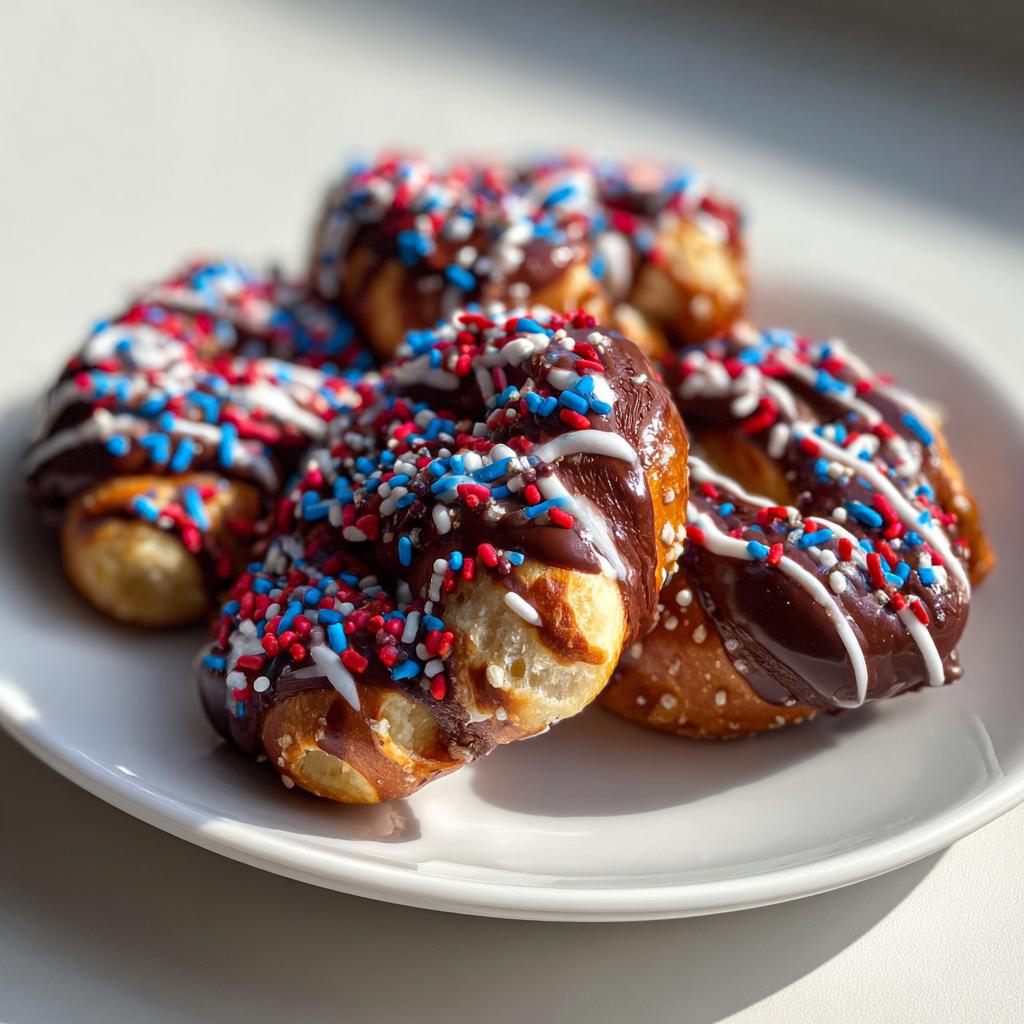 Close-up of chocolate-dipped pretzels with red, white, and blue sprinkles, perfect for Fourth of July desserts.
