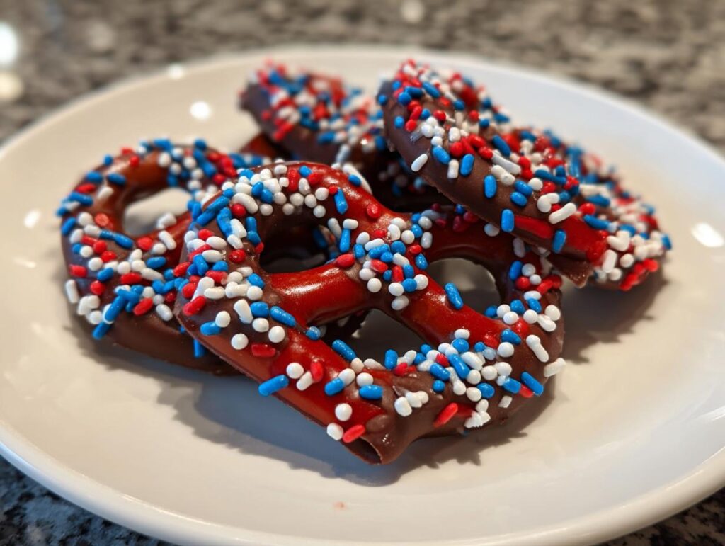Close-up of chocolate-covered pretzels with red, white, and blue sprinkles, perfect for Fourth of July desserts.