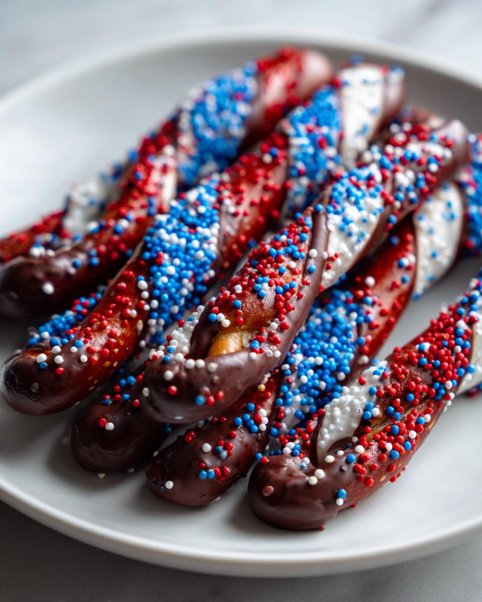 Close-up of chocolate-dipped pretzel twists decorated with red, white, and blue sprinkles for Fourth of July desserts.