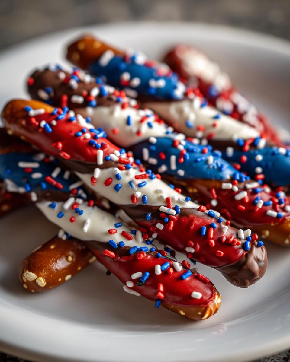 Close-up of festive Fourth of July pretzel treats dipped in red, white, and blue chocolate with sprinkles.
