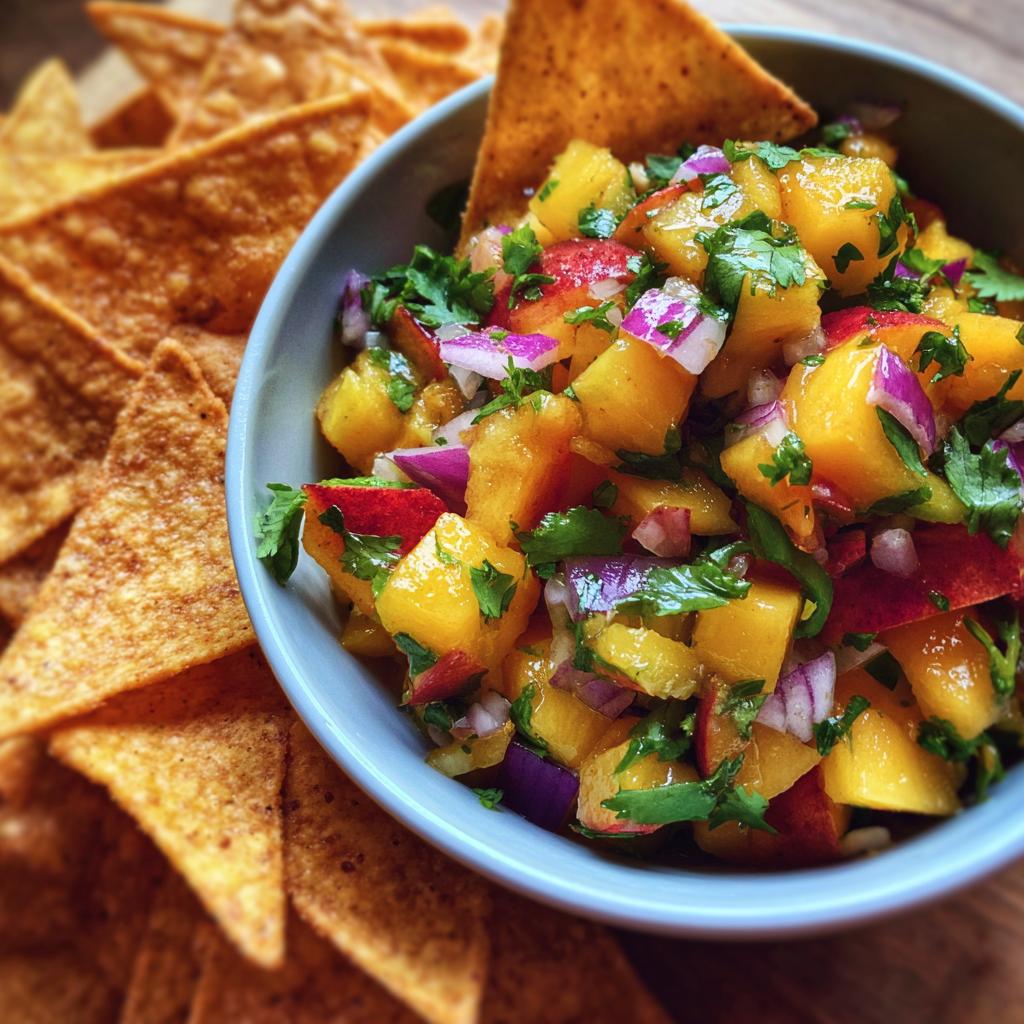 A bowl of fresh peach salsa with red onion and cilantro, served with cinnamon chips.