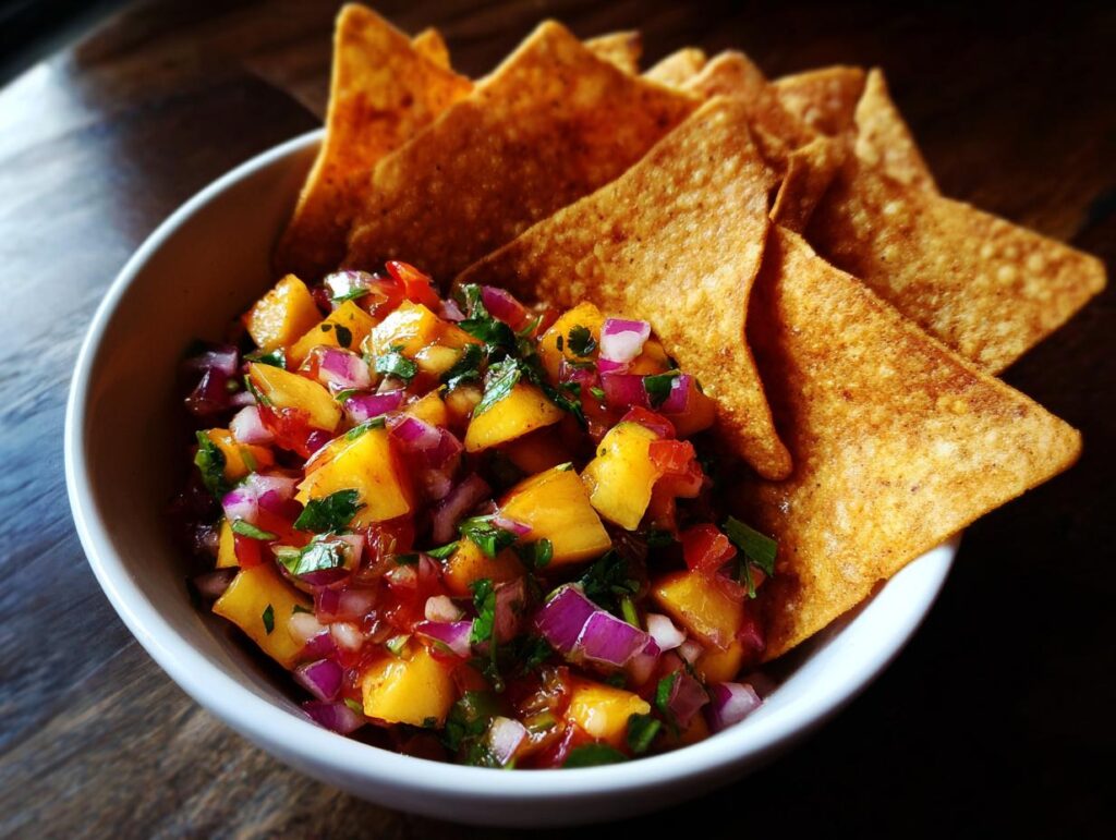 Close-up of a white bowl filled with fresh peach salsa and surrounded by cinnamon chips.