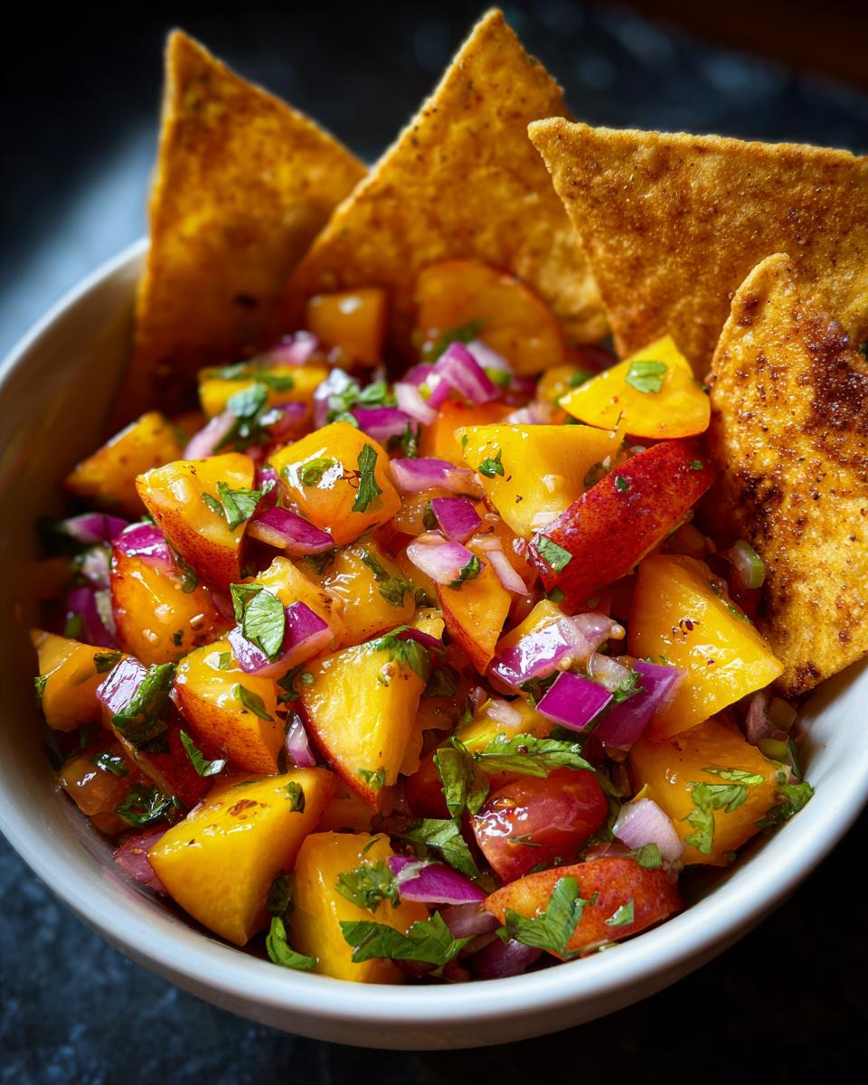 Close-up of a bowl of fresh peach salsa with red onion and cilantro, served with cinnamon chips.