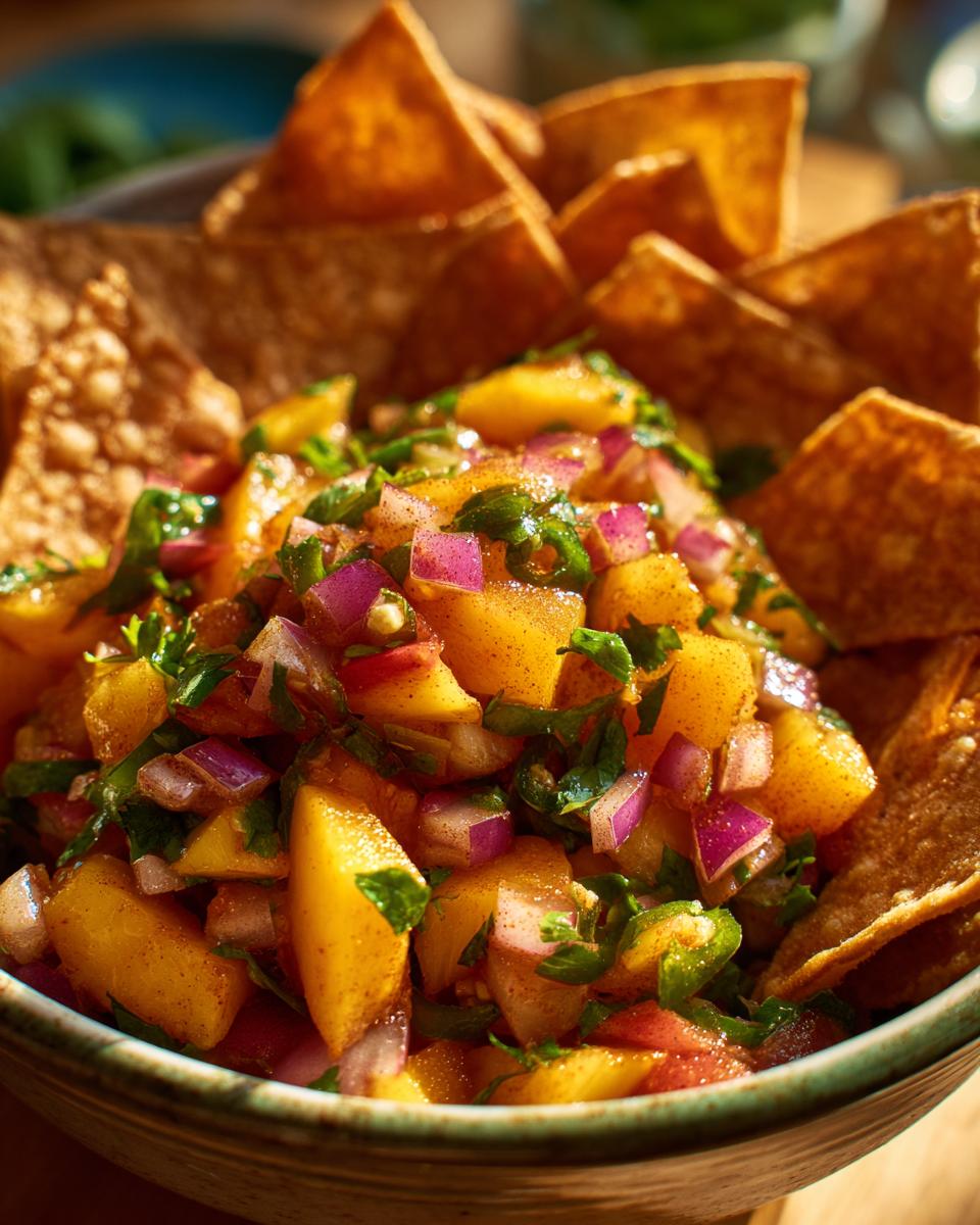 Close-up of fresh peach salsa with red onion, cilantro, and cinnamon chips.
