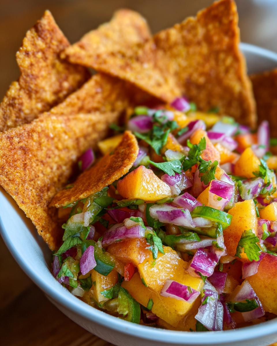 Close-up of fresh peach salsa with diced peaches, red onion, jalapeño, and cilantro, served with cinnamon chips.