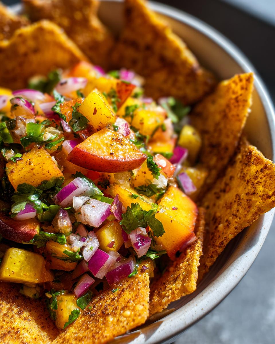 Close-up of fresh peach salsa with diced peaches, red onion, and cilantro, served with cinnamon chips.