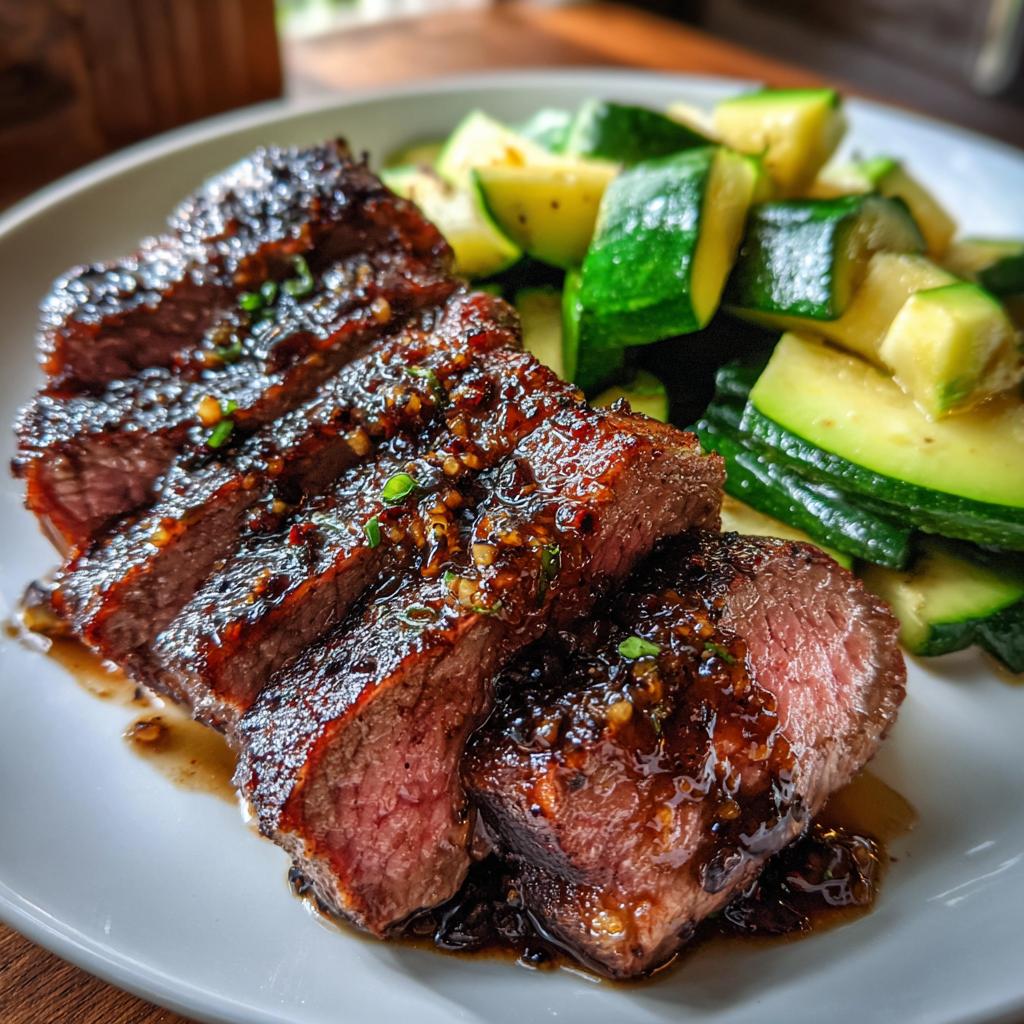 A close-up of sliced garlic butter steak served with sautéed zucchini, showcasing the juicy steak and glistening sauce.