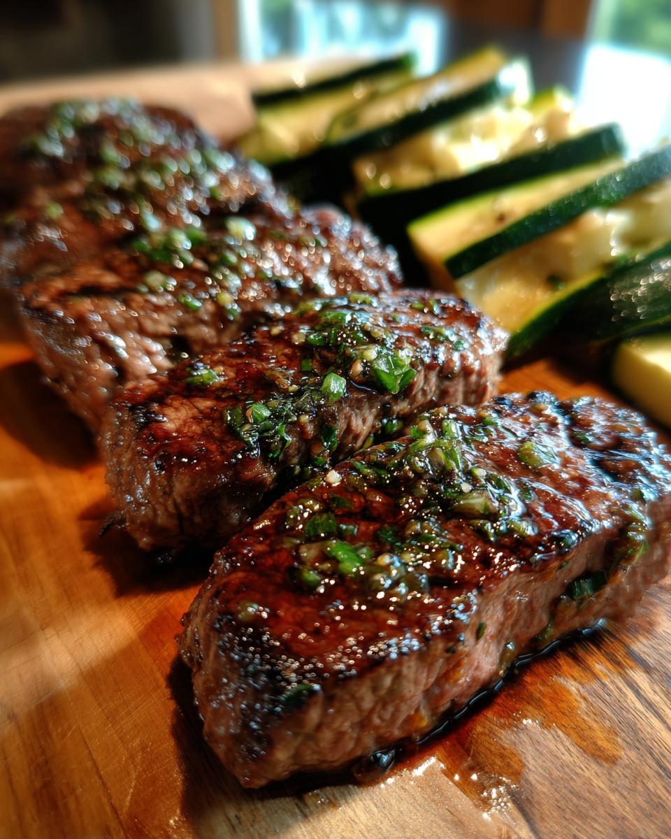 Three juicy steaks topped with garlic butter sauce and sliced zucchini on a wooden board.