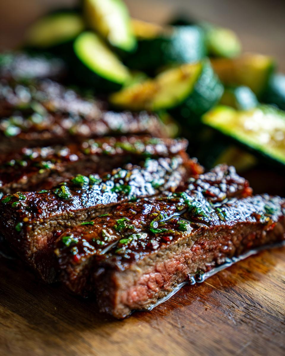 Close-up of sliced steak with garlic butter sauce and zucchini slices.