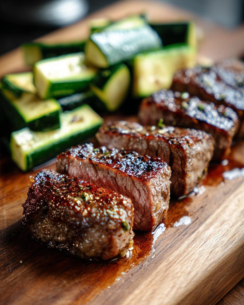 Close-up of sliced garlic butter steak and cooked zucchini on a wooden board.