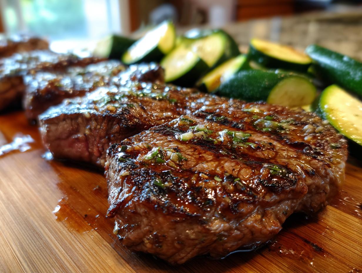 Close-up of juicy garlic butter steak and sliced zucchini on a wooden cutting board, featuring grill marks and fresh herbs.