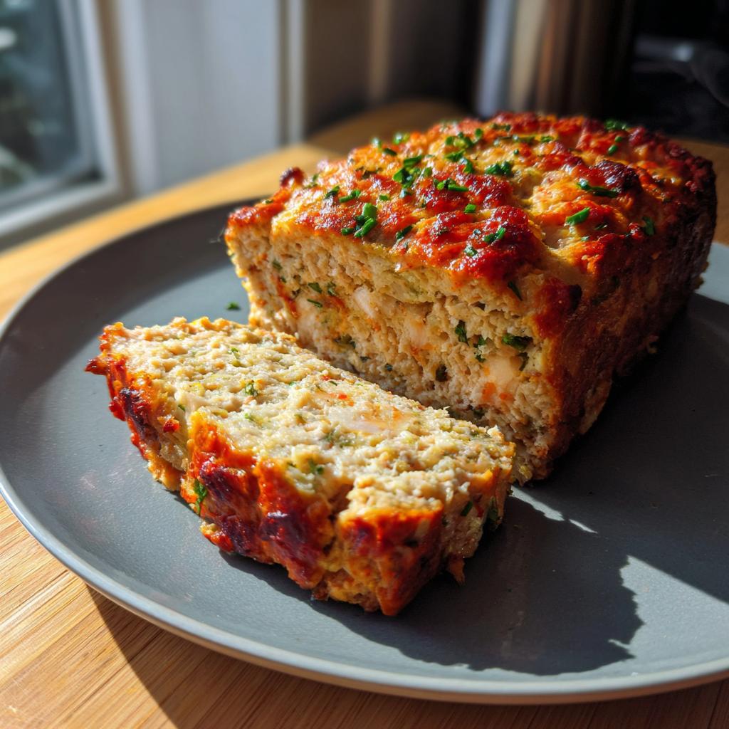 A slice of Garlic Parmesan Chicken Meatloaf on a grey plate, garnished with chives.