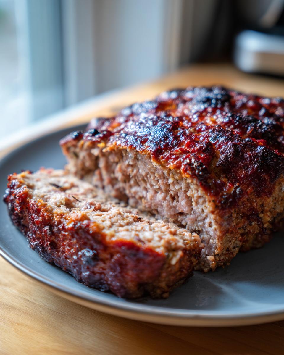 A close-up of a slice of Garlic Parmesan Chicken Meatloaf on a plate, with a glossy, browned glaze.