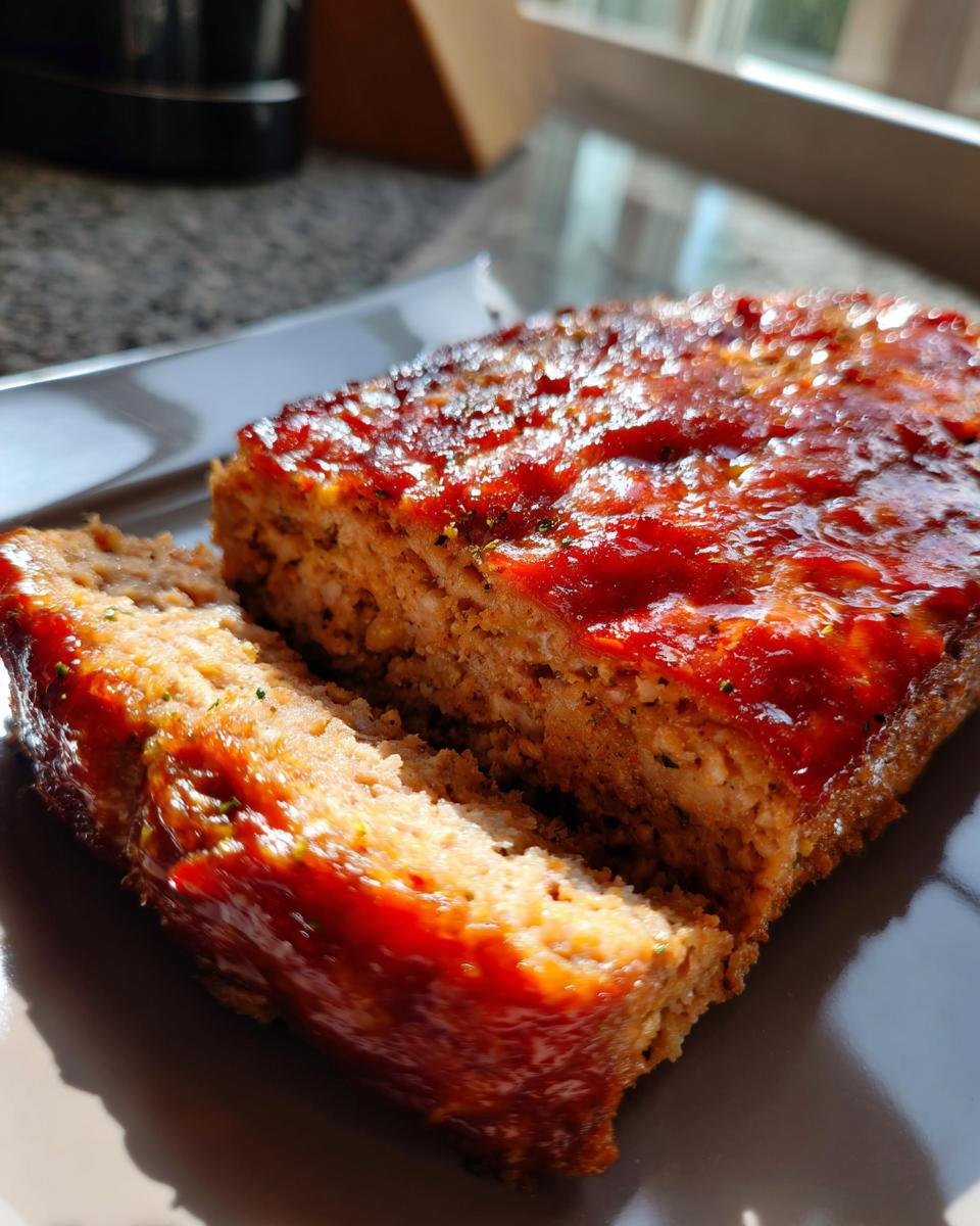 A close-up of a slice of Garlic Parmesan Chicken Meatloaf topped with a glossy glaze.