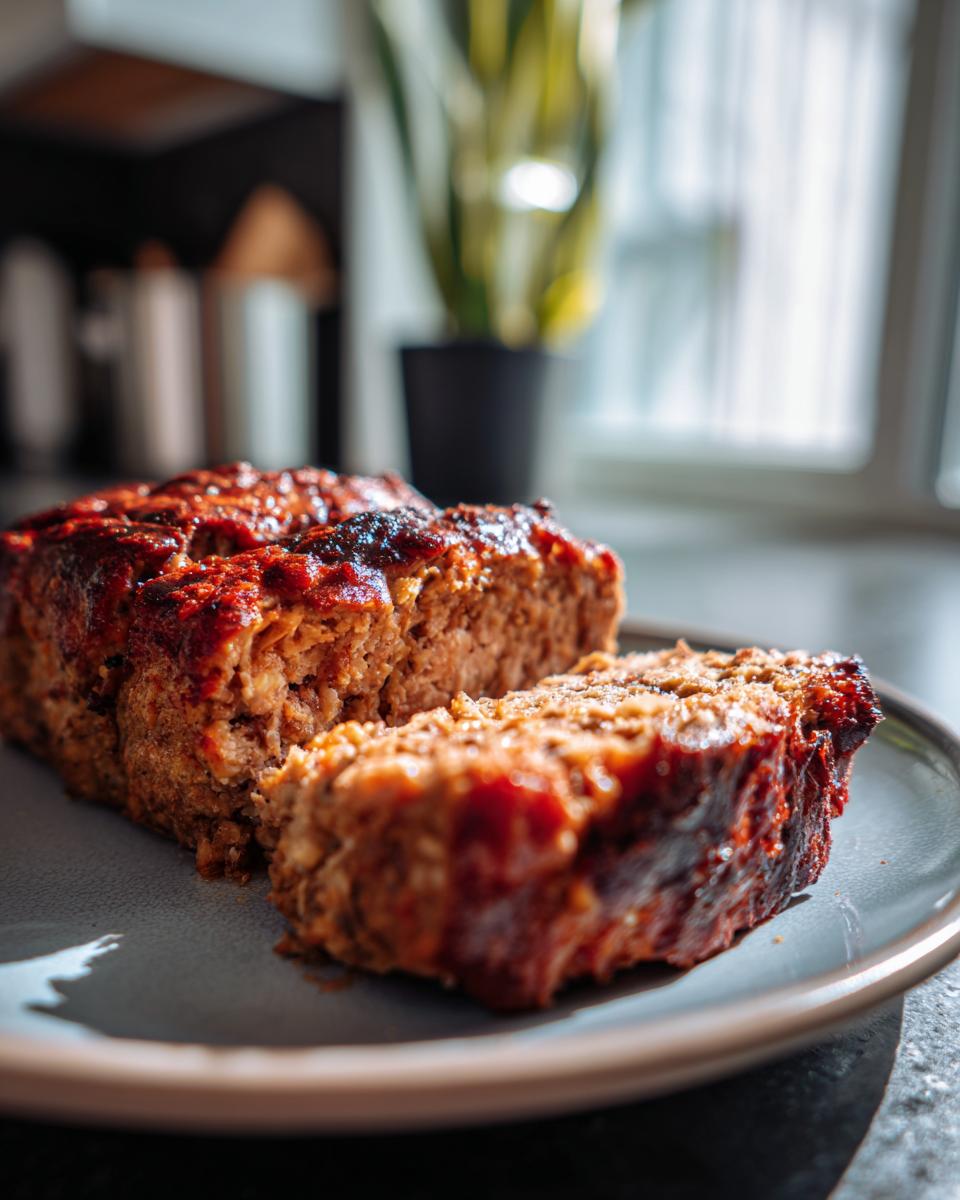 A close-up of a slice of Garlic Parmesan Chicken Meatloaf on a plate, with a glaze on top.