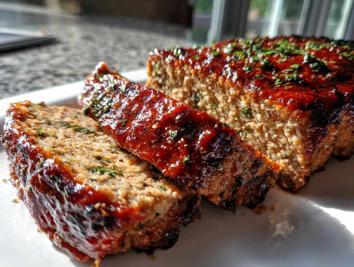 A close-up of a slice of Garlic Parmesan Chicken Meatloaf topped with a glossy glaze and sprinkled with herbs.
