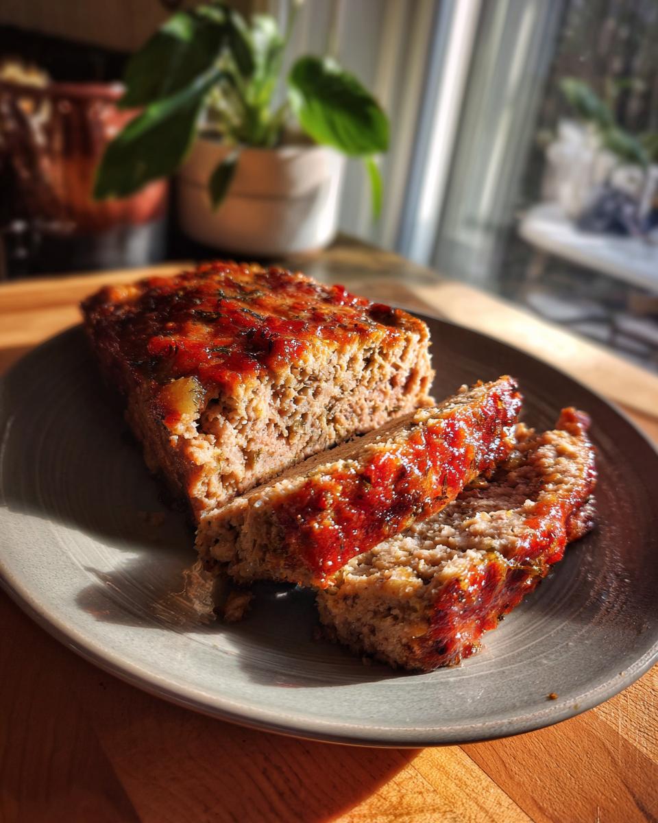 Close-up of sliced Garlic Parmesan Chicken Meatloaf topped with a glaze on a plate.