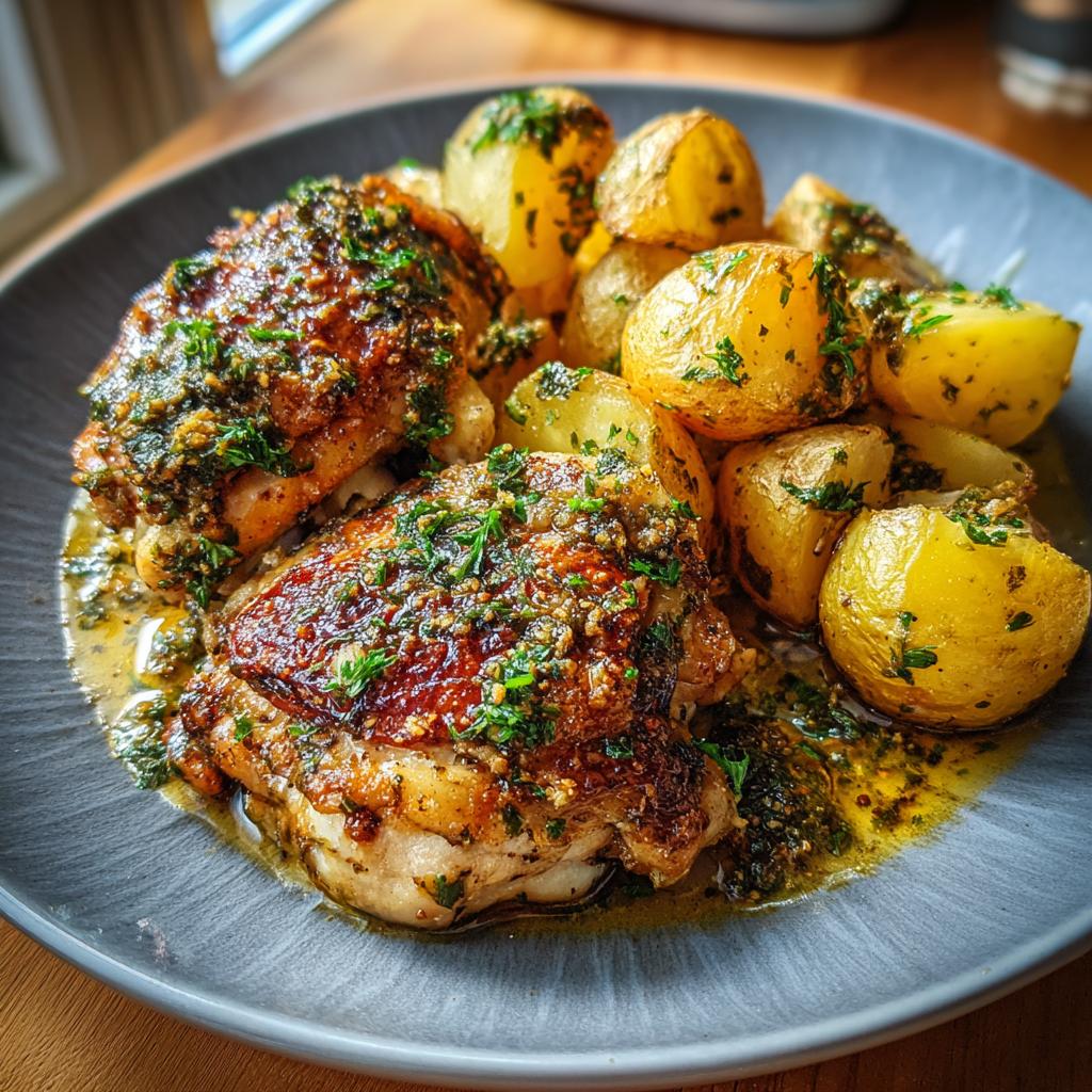 A close-up of Garlic Parmesan Chicken Thighs and Potatoes, with crispy chicken skin and golden roasted potatoes, drizzled with sauce and herbs.