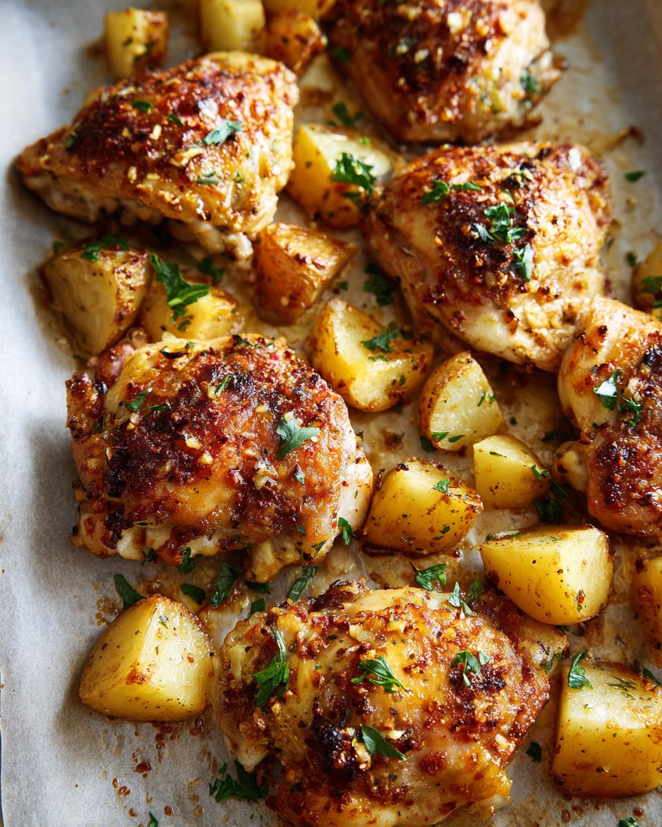 Close-up of roasted Garlic Parmesan Chicken Thighs and Potatoes, garnished with parsley.