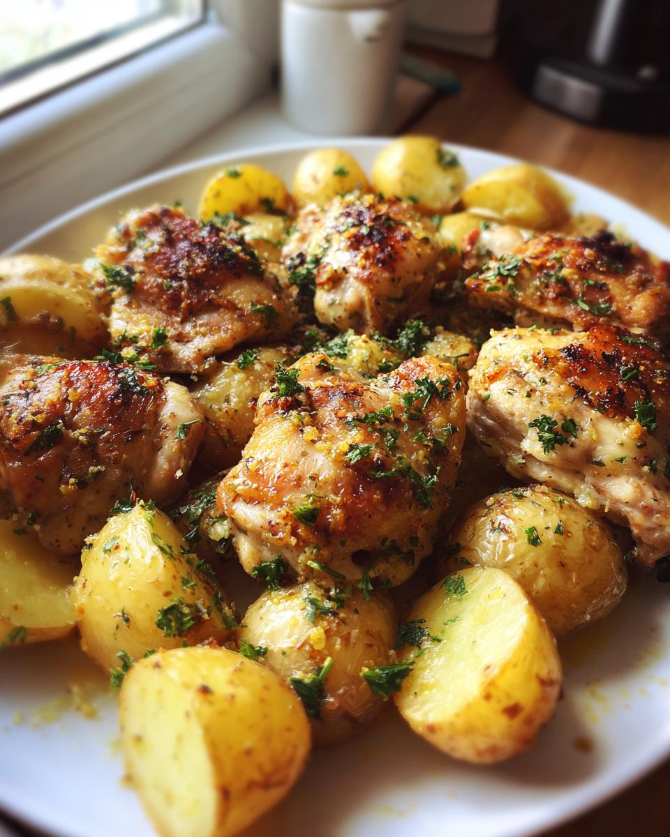 A plate of golden-brown Garlic Parmesan Chicken Thighs and Potatoes, garnished with fresh parsley.