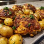 A platter of golden-brown Garlic Parmesan Chicken Thighs and roasted baby potatoes, garnished with fresh parsley.