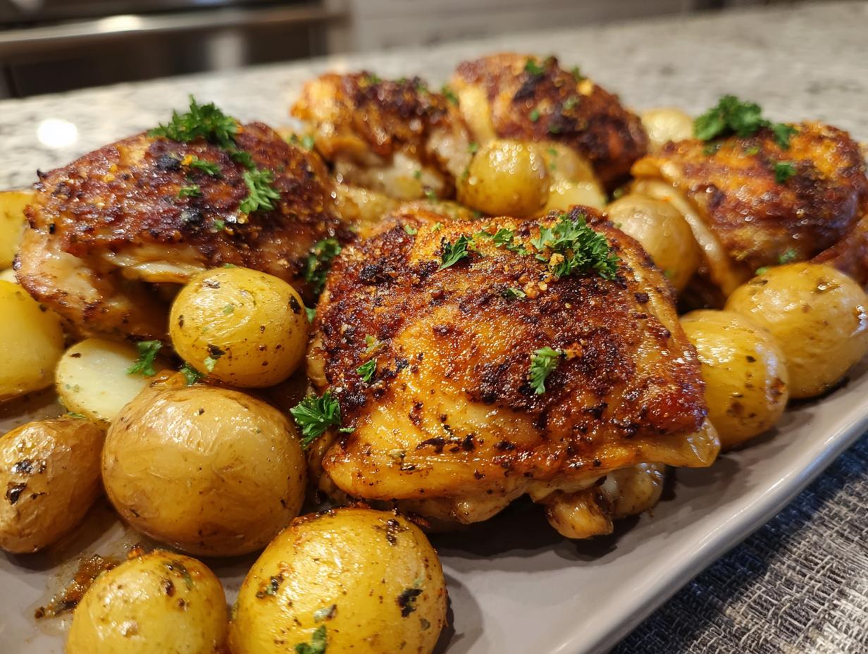 A platter of golden-brown Garlic Parmesan Chicken Thighs and roasted baby potatoes, garnished with fresh parsley.