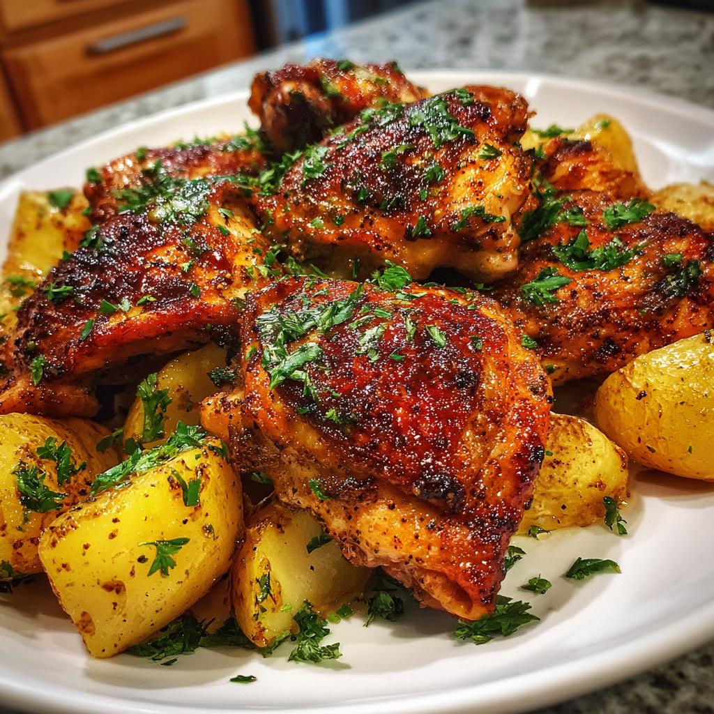 A platter of golden-brown Garlic Parmesan Chicken Thighs and Potatoes, garnished with fresh parsley.