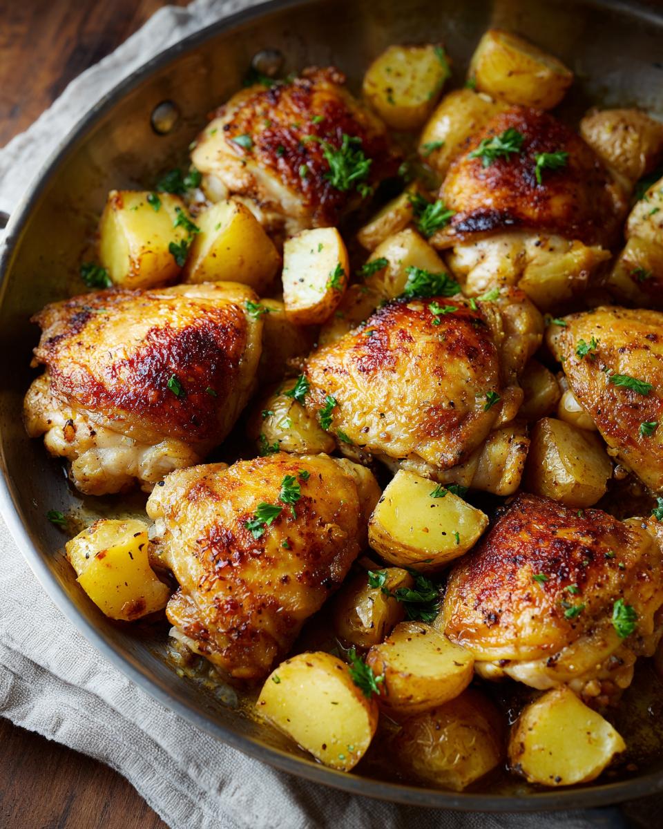 Golden brown Garlic Parmesan Chicken Thighs and Potatoes baked in a skillet, garnished with parsley.