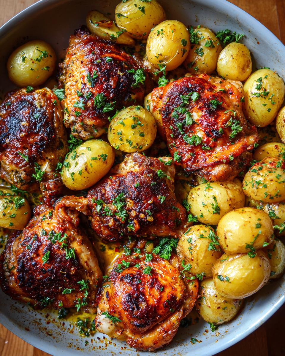 A close-up overhead view of Garlic Parmesan Chicken Thighs and Potatoes baked in a pan, garnished with parsley.