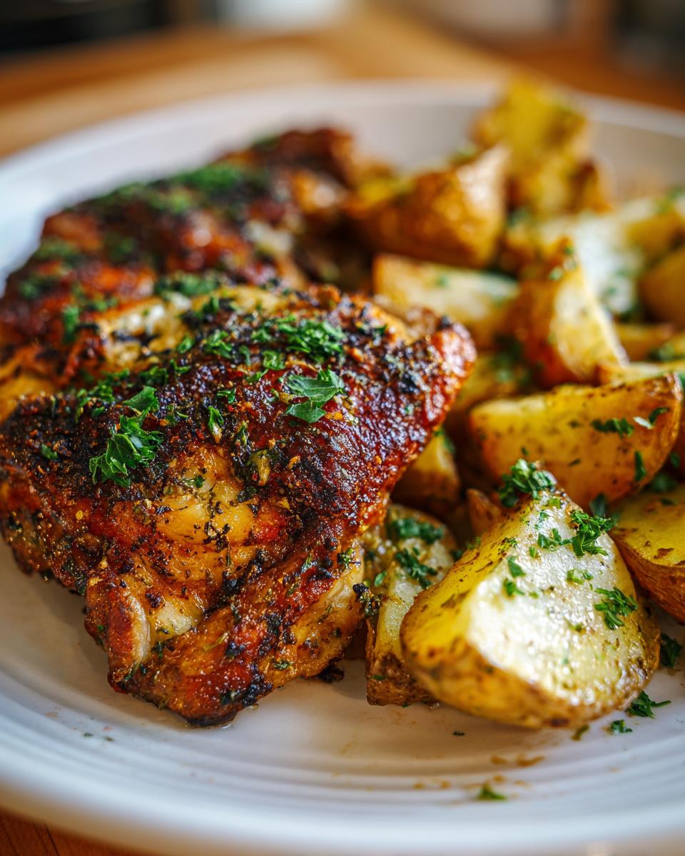 Close-up of juicy Garlic Parmesan Chicken Thighs and Potatoes seasoned with herbs.