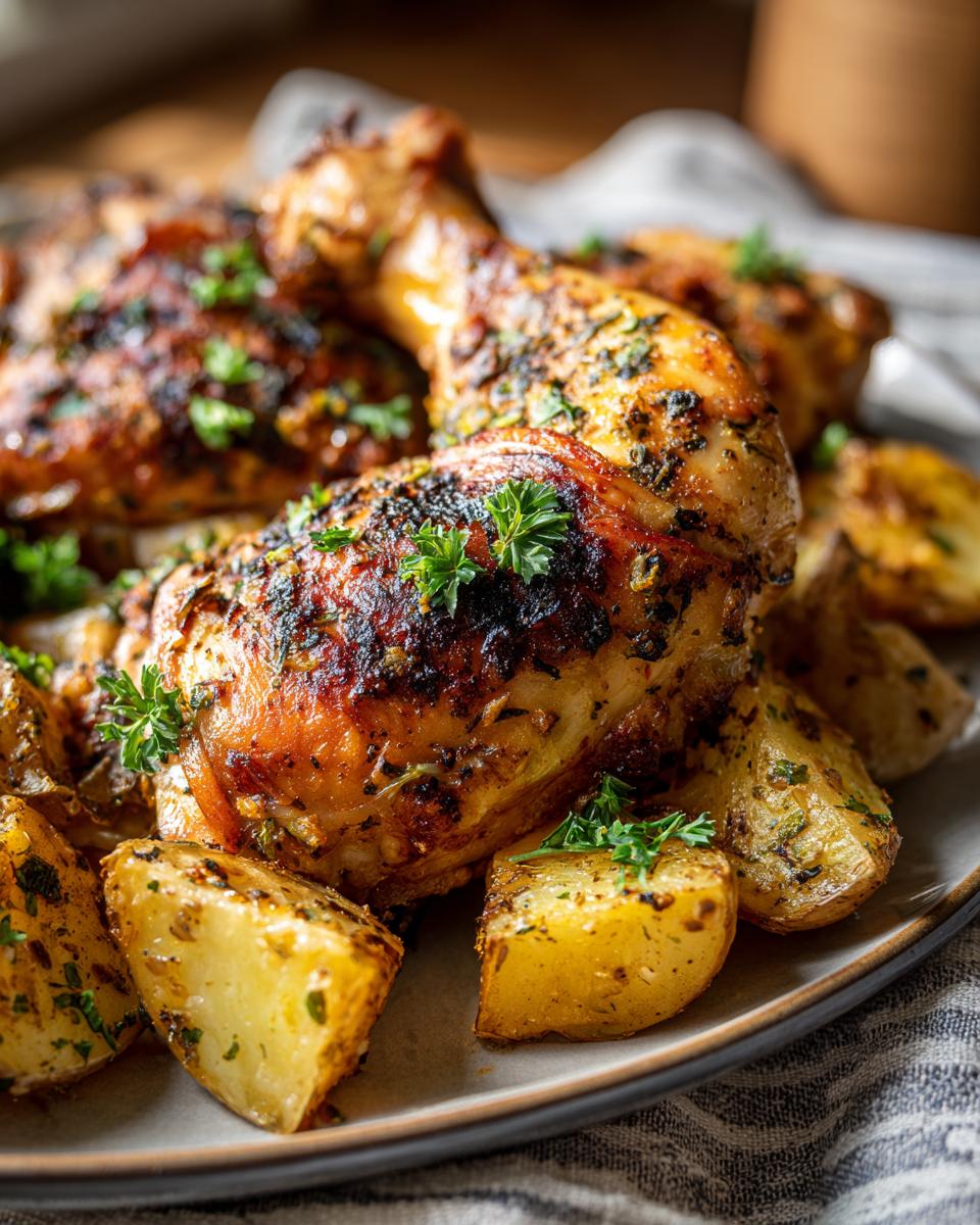 Close-up of golden-brown Garlic Parmesan Chicken Thighs and Potatoes, garnished with fresh parsley.