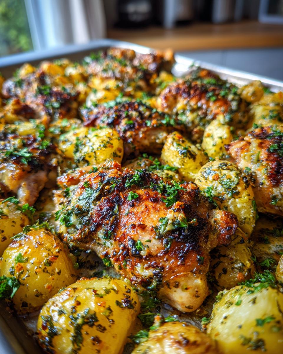 Close-up of crispy Garlic Parmesan Chicken Thighs and Potatoes, garnished with fresh parsley.