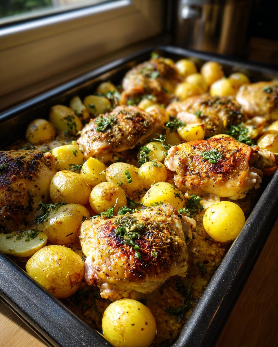 Golden brown Garlic Parmesan Chicken Thighs and Potatoes roasted together on a baking sheet, garnished with fresh parsley.