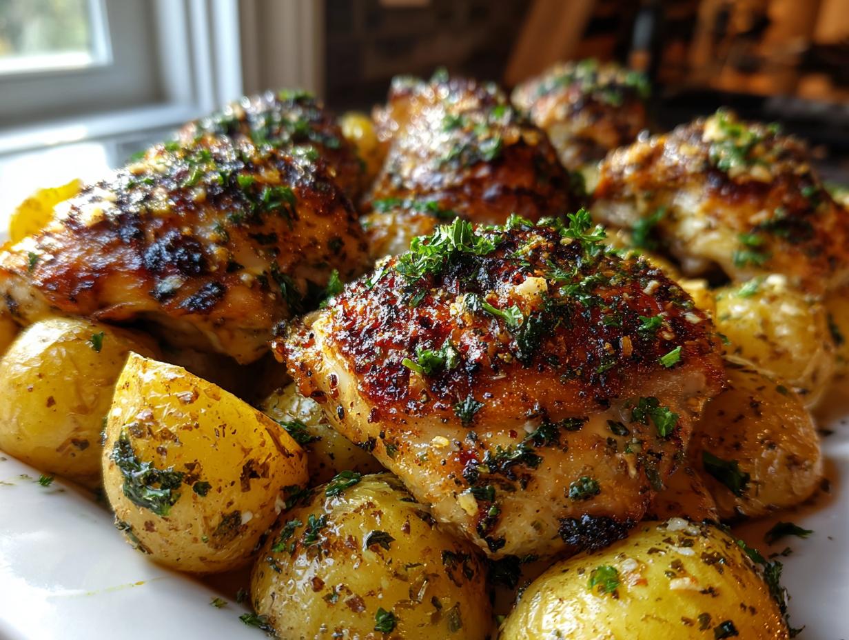 Close-up of golden-brown Garlic Parmesan Chicken Thighs and Potatoes, seasoned with herbs.