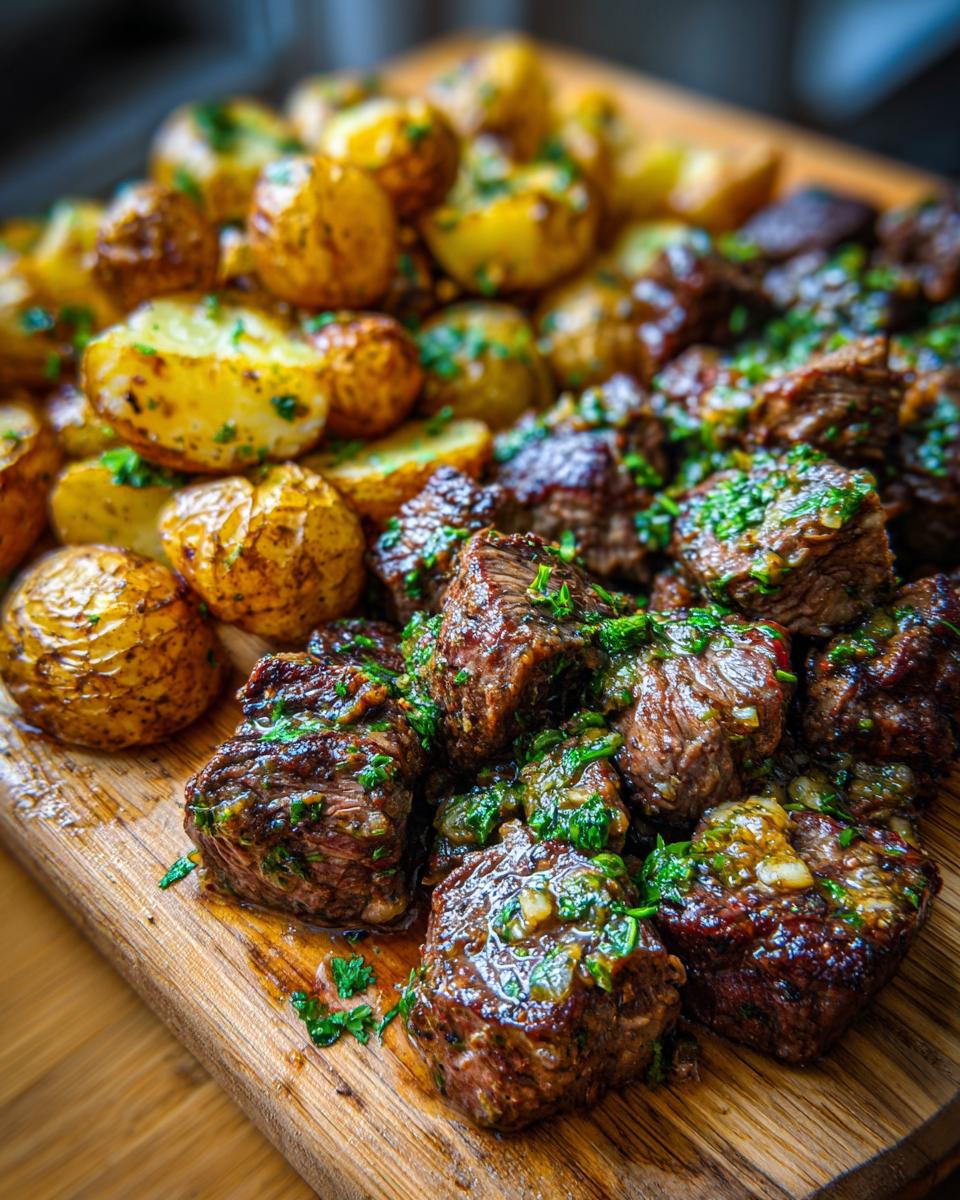 Close-up of juicy garlic steak bites and roasted potatoes, garnished with fresh parsley.