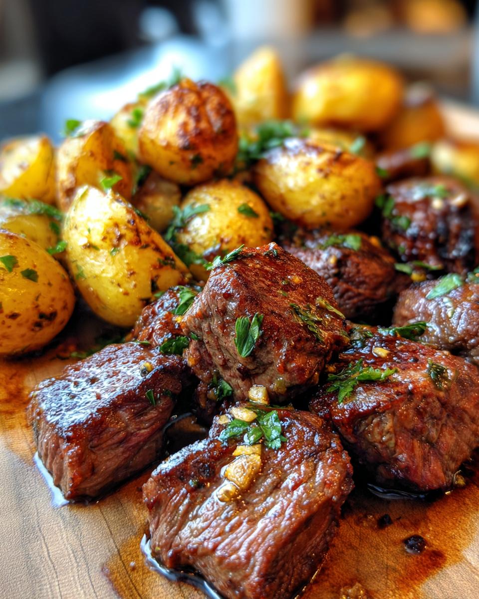 Close-up of juicy garlic steak bites and golden roasted potatoes, garnished with fresh parsley.