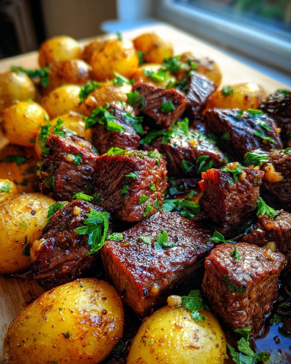 Close-up of juicy garlic steak bites and golden roasted potatoes, garnished with fresh parsley.