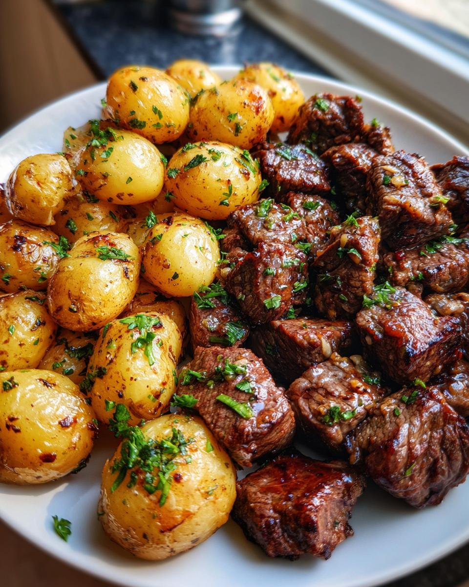 A close-up shot of delicious garlic steak bites and roasted potatoes, garnished with fresh parsley.
