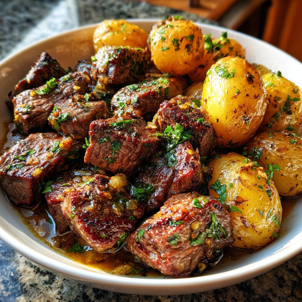 Close-up of juicy garlic steak bites and roasted potatoes, seasoned with herbs.